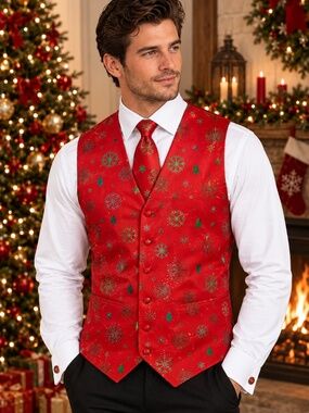 NWT Men’s Red Christmas Vest And Tie Set Size Medium